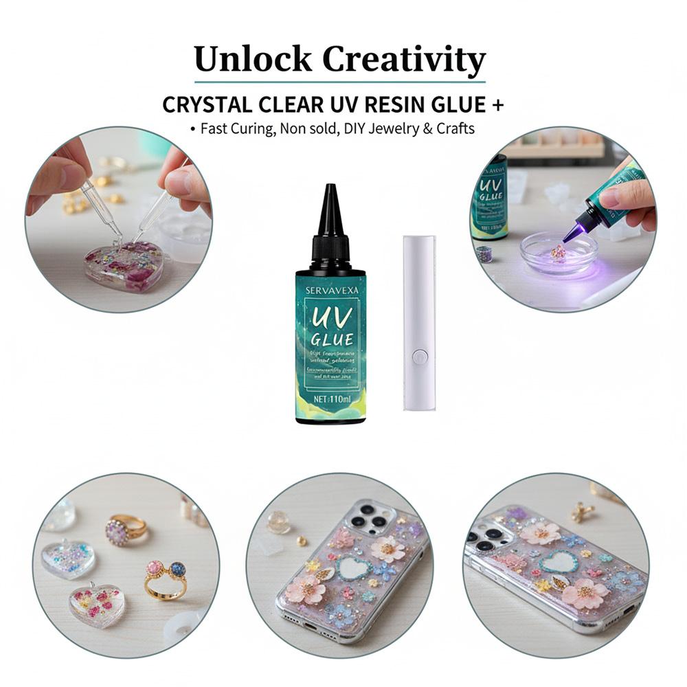 SERVAVEXA UV Resin with Light 110ml, Clear Hard Type UV Glue Bubble Free Fast Curing No Yellowing for Craft Jewelry