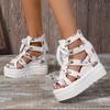 Women's Floral Vintage Sandals, Back Zipper Platform Hollow Lace Up Shoes, Summer Breathable Wedge Holiday Shoes