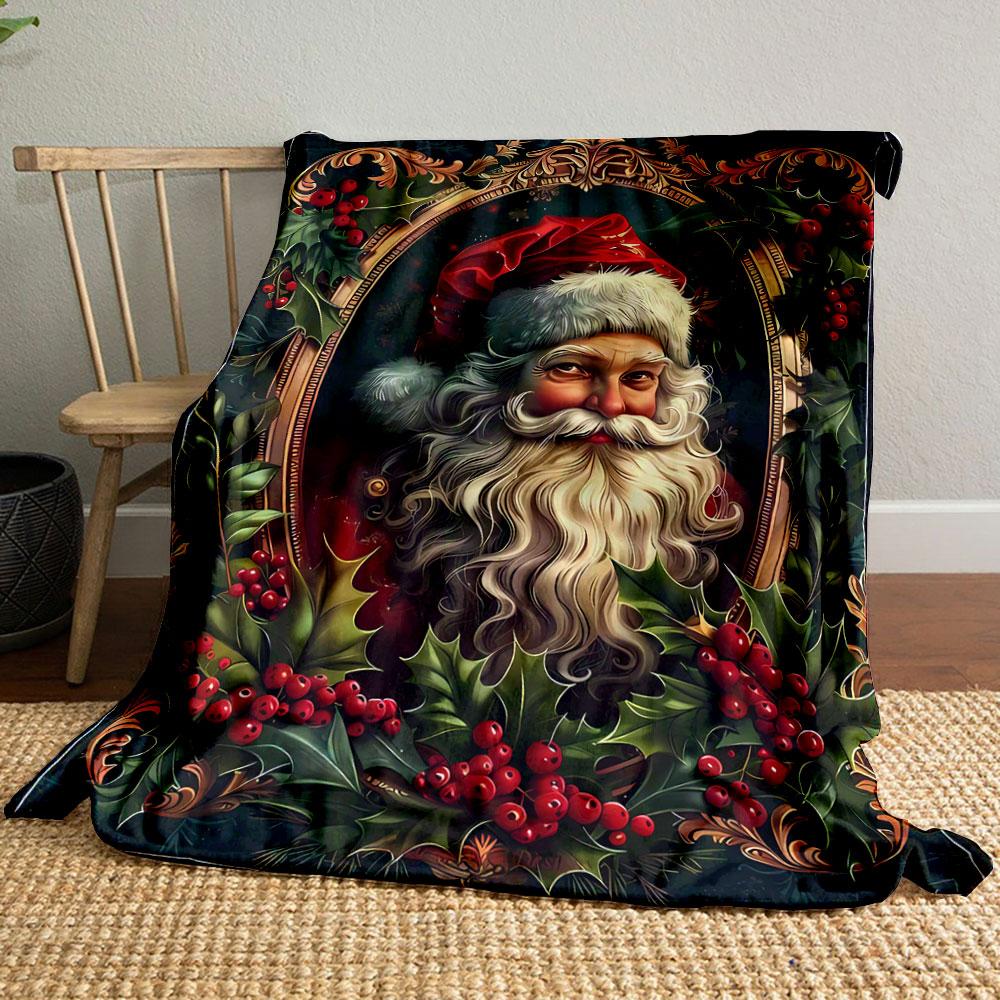 

Christmas Themed Santa Print and Holly Berry Decor bedroom Blanket for Livingroom Couch lunch break Soft throw for Friend s festival Gift 80cm x 120cm