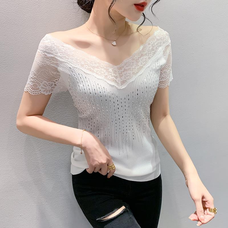 2023 Summer Women's Sexy Lace Slim-Fit Hollow-Out Short Sleeve T-Shirt