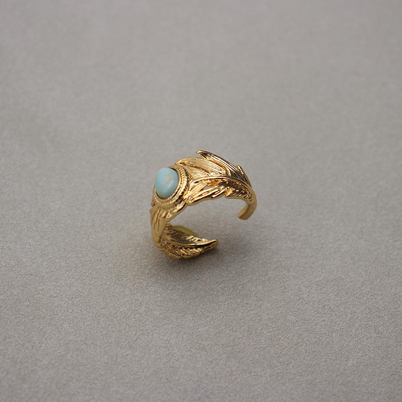 Turquoise Feather Jewelry Set: 18K Gold-Plated Adjustable Ring & C-Shaped Earrings. Elegant Niche EU/US Design.