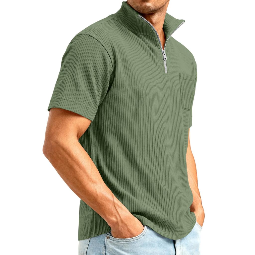 Men's 1/4 Zip Corduroy Short Sleeve Top | Loose Fit Fashion Casual Pullover For Daily Wear