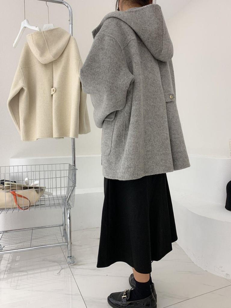 Plus Size Hooded Loose Wool Coat with Plush Lining - Women's Trendy Winter Cape Jacket.