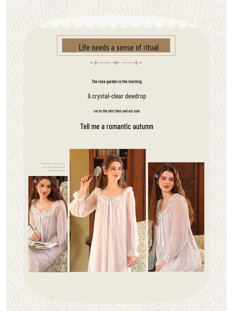 Elegant French Lace Modal Princess Nightgown - Women's Long Sleeve Sleepwear for Spring and Autumn