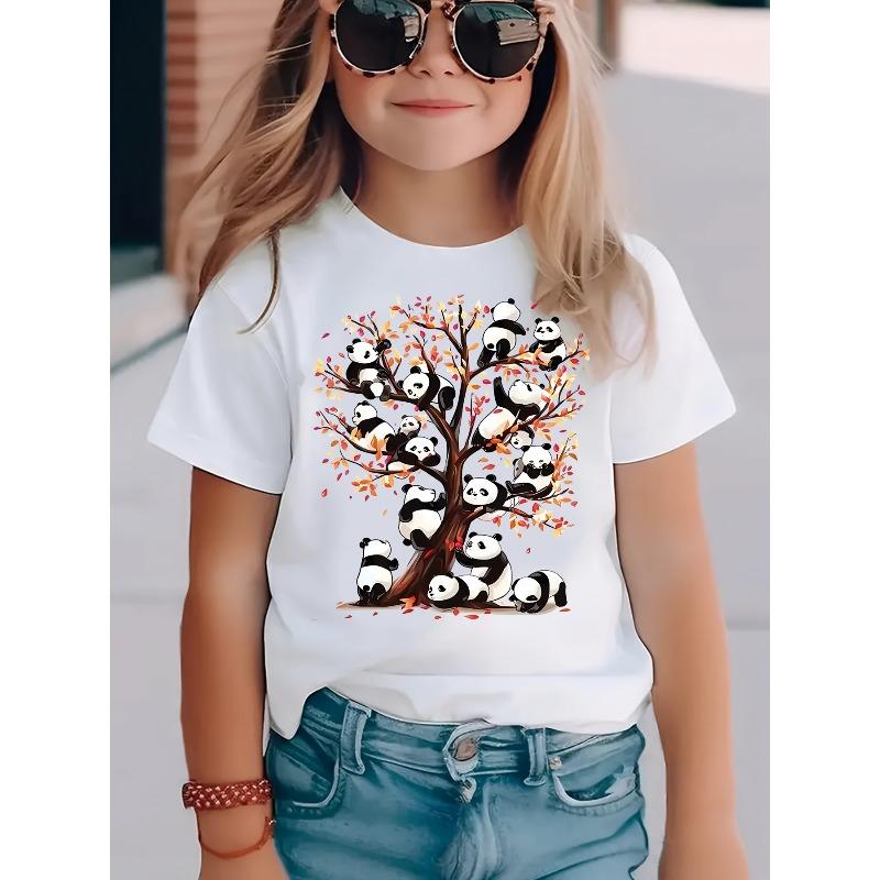 European sizes Girls Cute Panda Climbing Tree T-Shirt - Summer Outdoor Play & Spring/Summer Casual Wear 110 белый