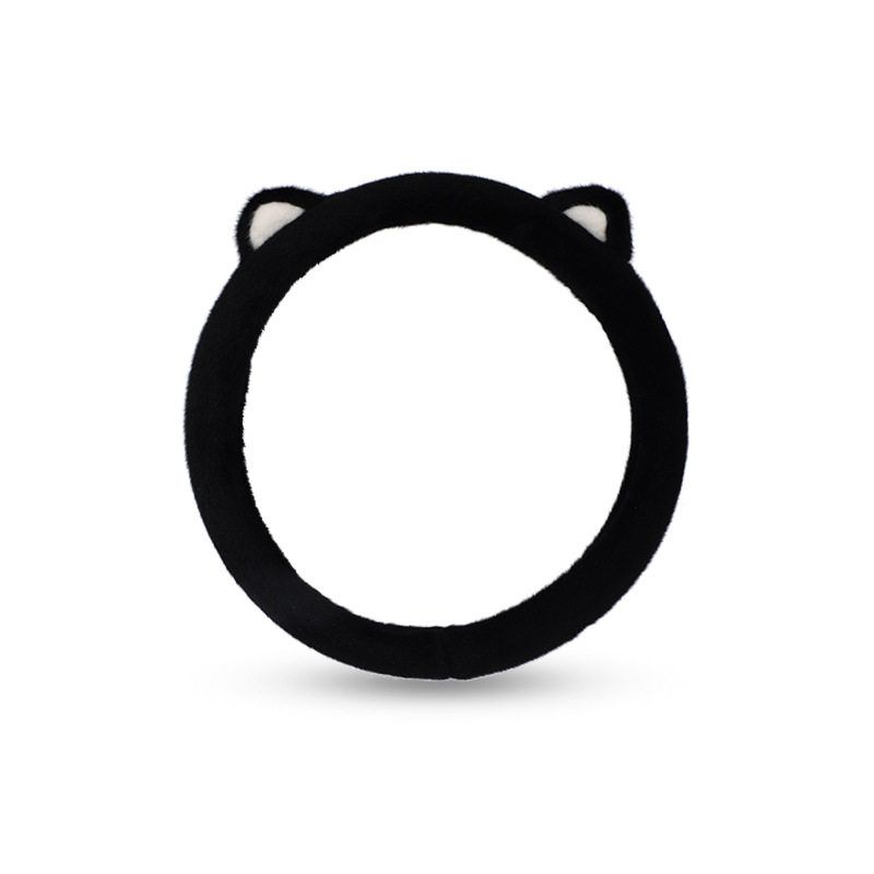 Car Steering Wheel Cover with Cute Cat Ears, Comfortable Winter Plush Cartoon Style for Women, D-Shaped Steering Wheel Cover