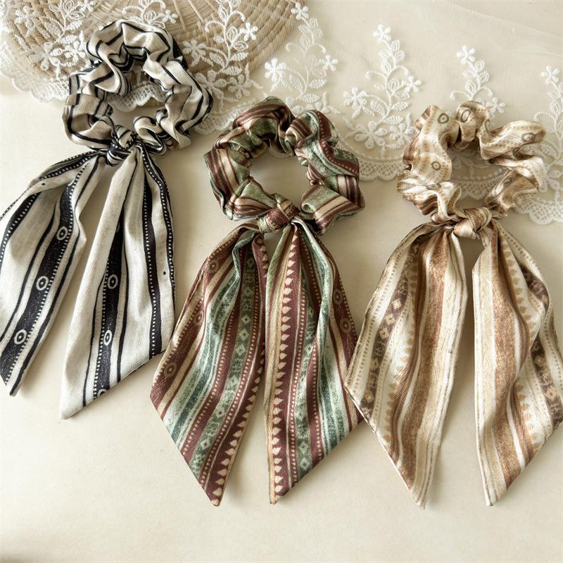 Striped Ribbon Scrunchies Long Tail Hair Tie Boho Style Women Hair Accessory for Casual Weekend Look
