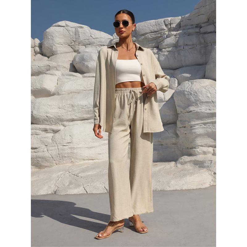 Spring & Autumn Trendy Women's Two-Piece Cardigan Set - Long Sleeve Solid Apricot