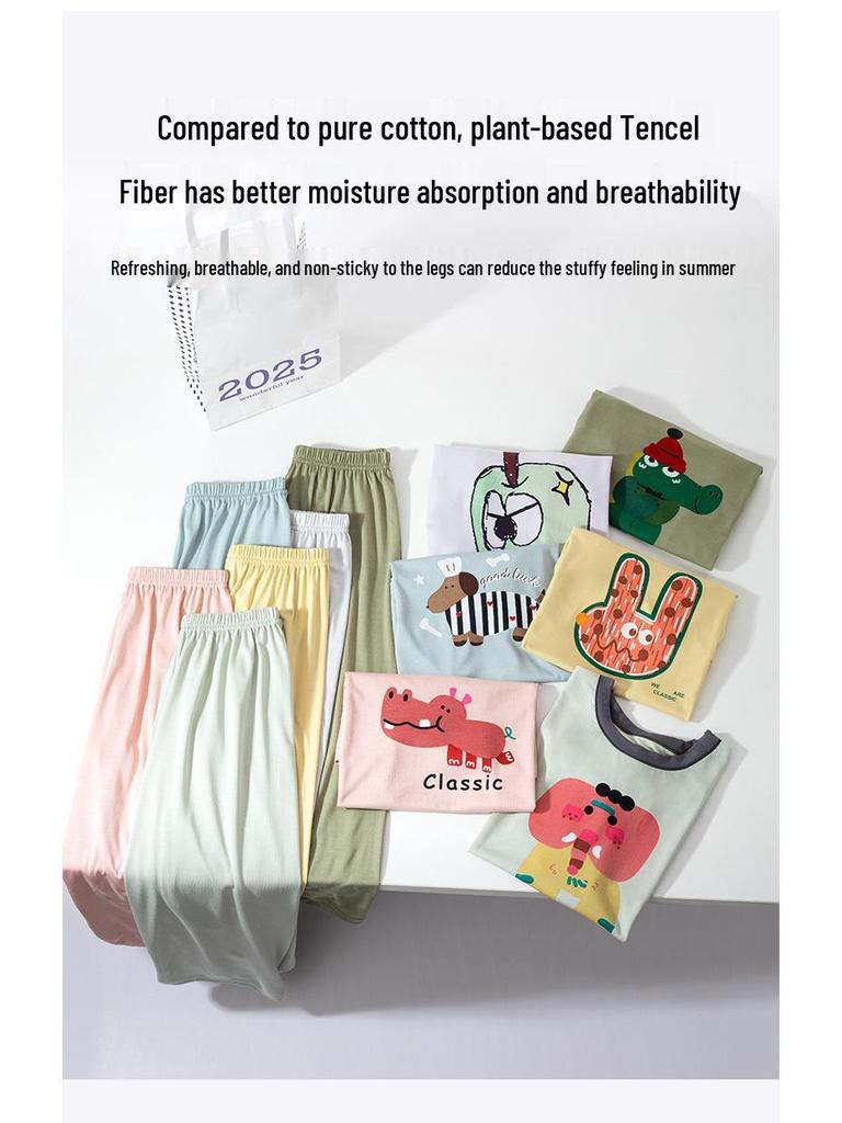 2025 Kids' Summer Pajamas: Short-Sleeved Long Pants Air Conditioning Set for Boys and Girls