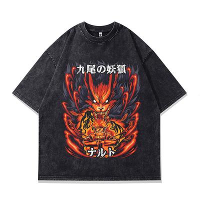 Street Retro Trendy Men'S Clothing Japanese Animation Printing Heavy Cotton Loose Short-Sleeved T-Shirt Men And Women