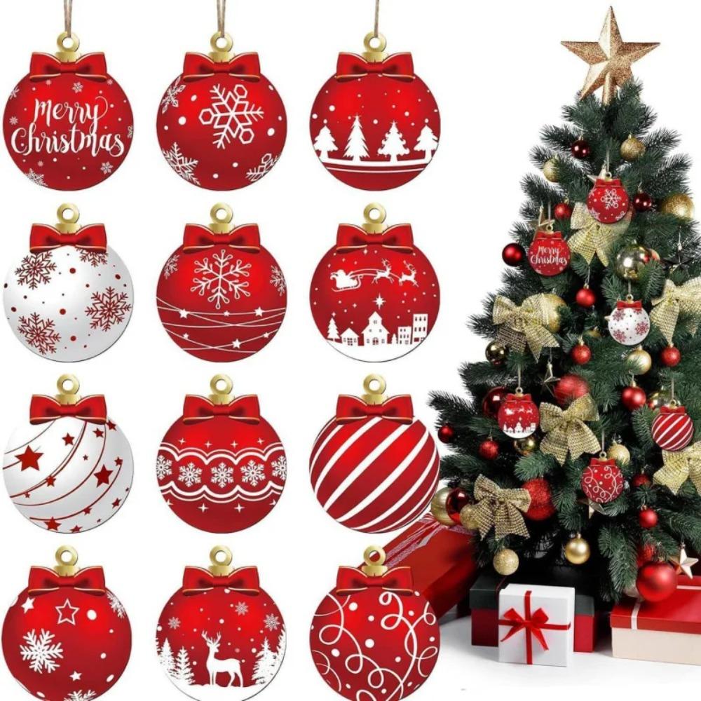 12PCS Red White Wooden Christmas Ball Ornaments Elk Snowflake Pattern Party Winter Holiday Home Xmas Tree Hanging  Decoration