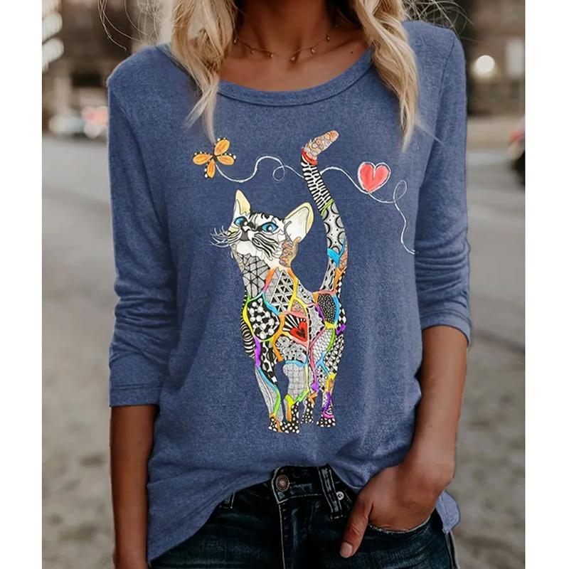 2025 Autumn & Winter Women's New Casual Crew Neck Long Sleeve Top 3D Cat Pattern