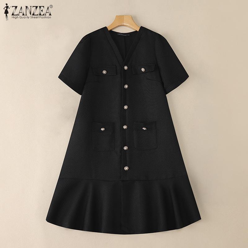 ZANZEA Damen Kurzarm Elegant Textur Büro Plissee Kleid