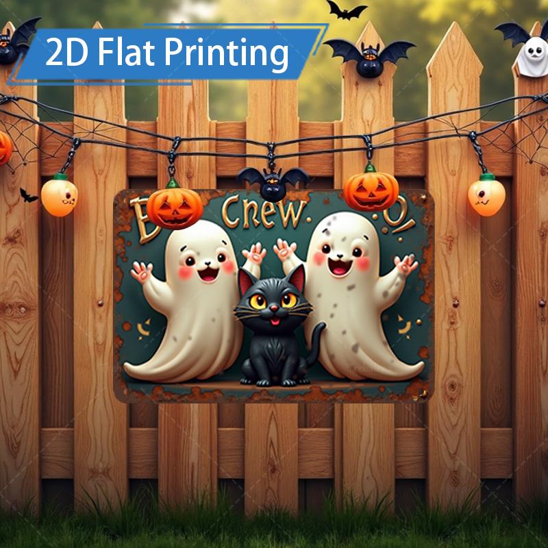 D FLAT pc Metal Sign Halloween Boo Crew Metal Sign with Ghosts and Cat 20x30cm(7.8x11.8inch)