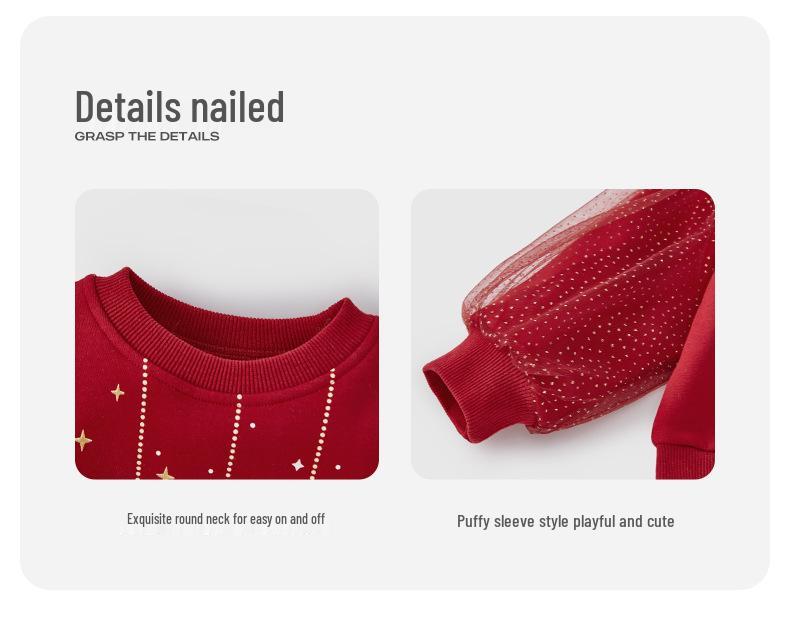 Girls' Red Autumn/Winter Round Neck Hoodie Pullover