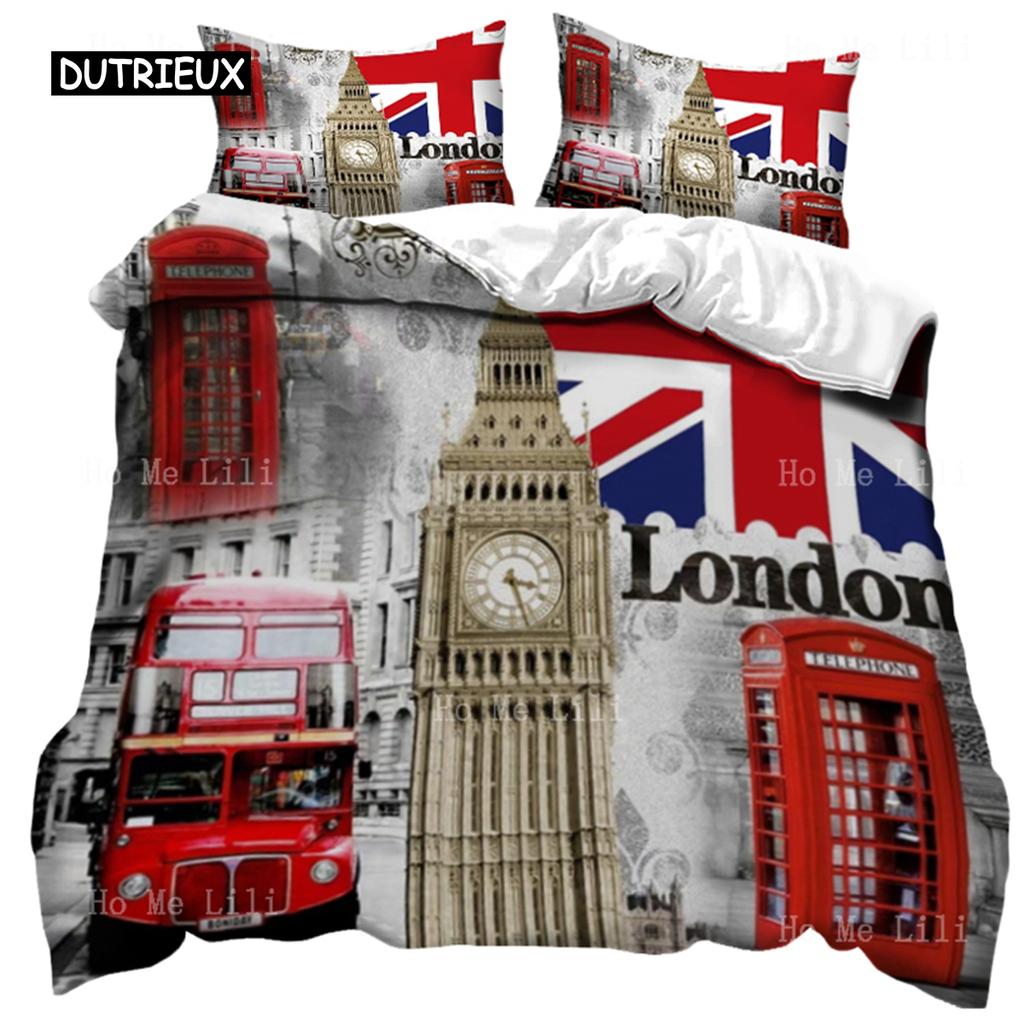 UK London Stil Königin König Bettbezug Britische Elemente Bettwäscheset für Teenager Erwachsene London Bridge Big Ben Polyester Steppdeckenbezug