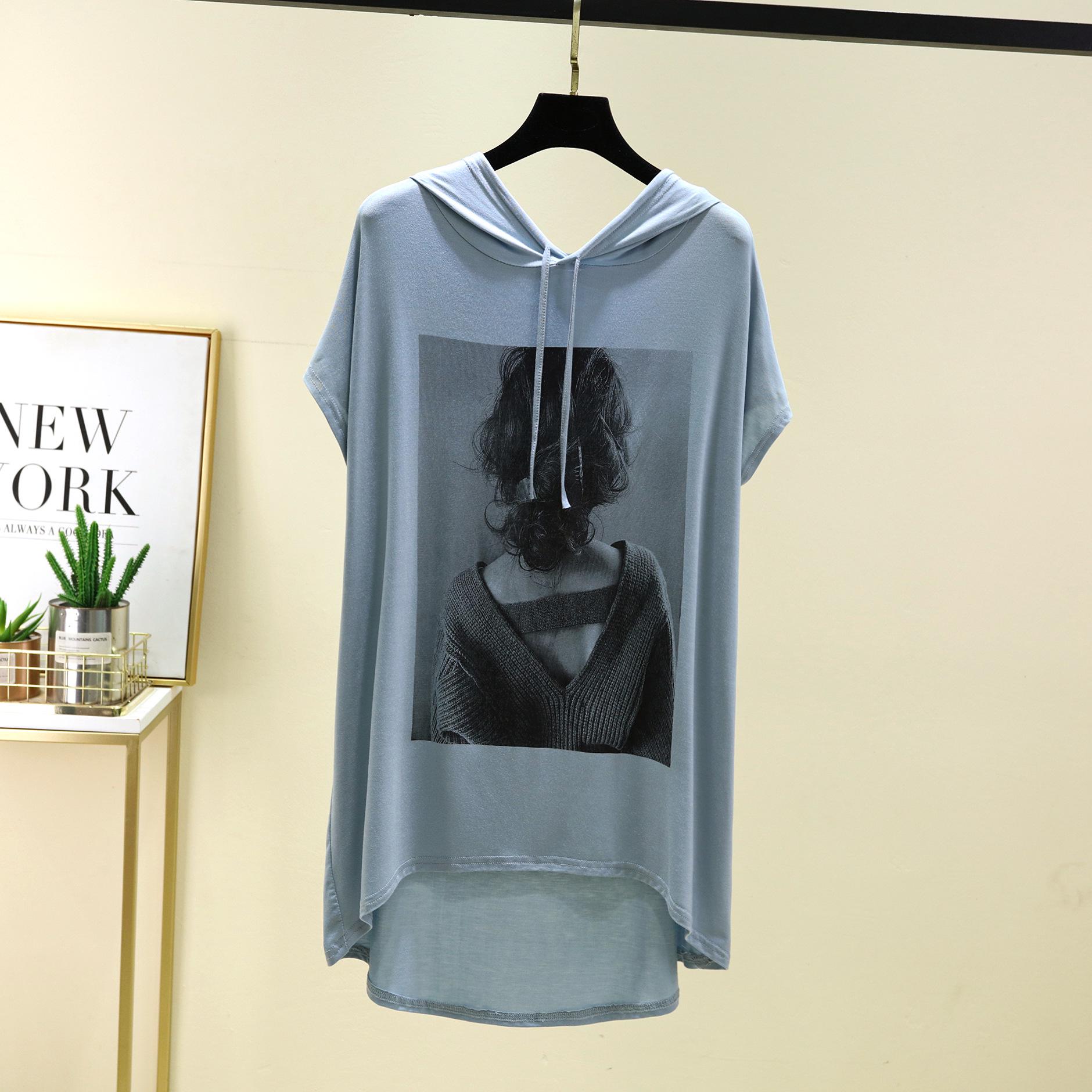 

Повседневная футболка с капюшоном в корейском стиле, свободного кроя Plus Size светло-синий