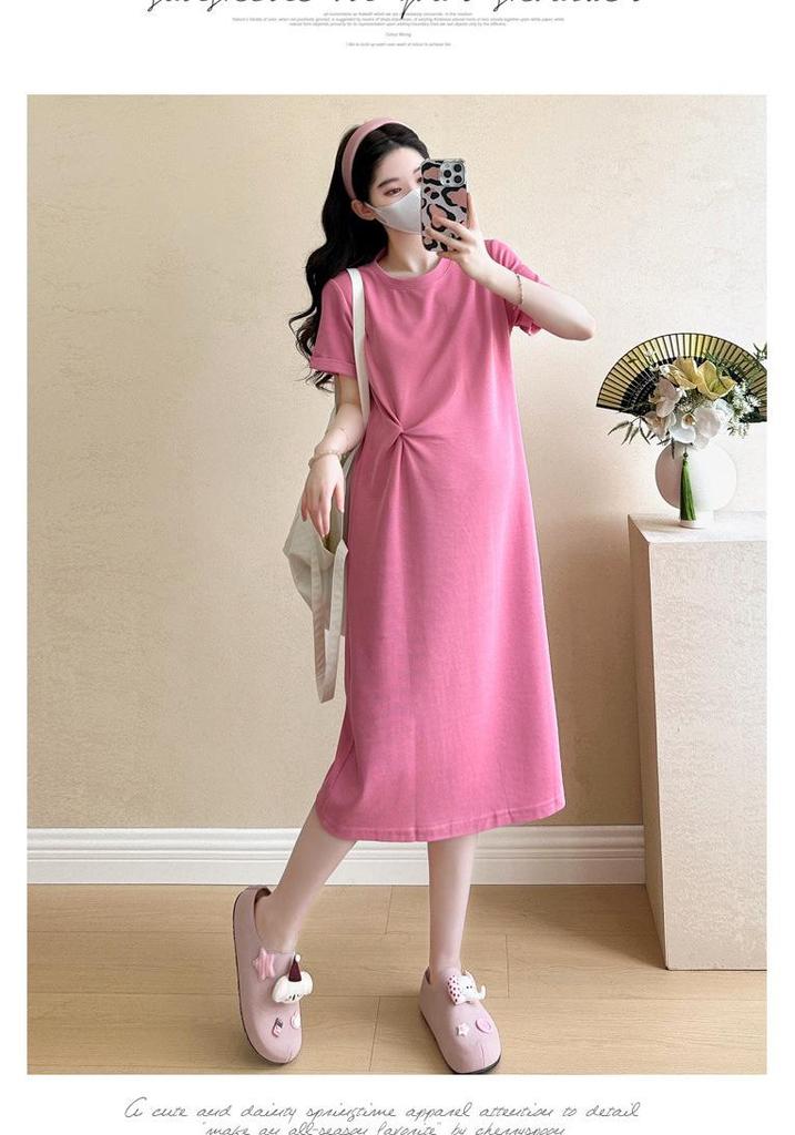 Summer 2026 Classic Maternity Knit Dress - Round Neck, Slim Fit, Short Sleeve, Plus Size