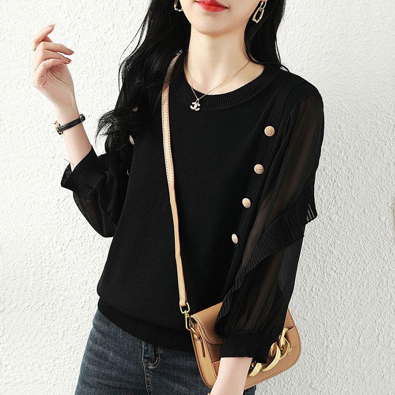Korean Gauze Patchwork Blouse 3/4 Sleeve Women's Clothing Commute Solid Color O-Neck Spring Autumn Button Basic Knitted Shirt