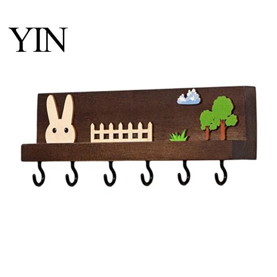 Wall Storage for Keys Mounted Wooden Key Holder, 5 Hooks Shelf, Dual Adhesive Entryway Hook Installation Options Organizer Kitchen And Living