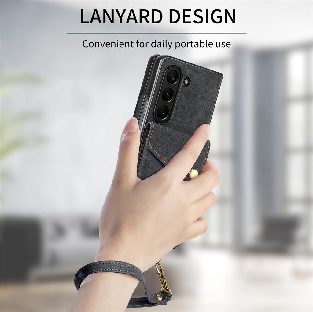D1 For Samsung Galaxy Z Fold6 5G Case Kickstand Card Bag Leather+PC Phone Cover with Strap