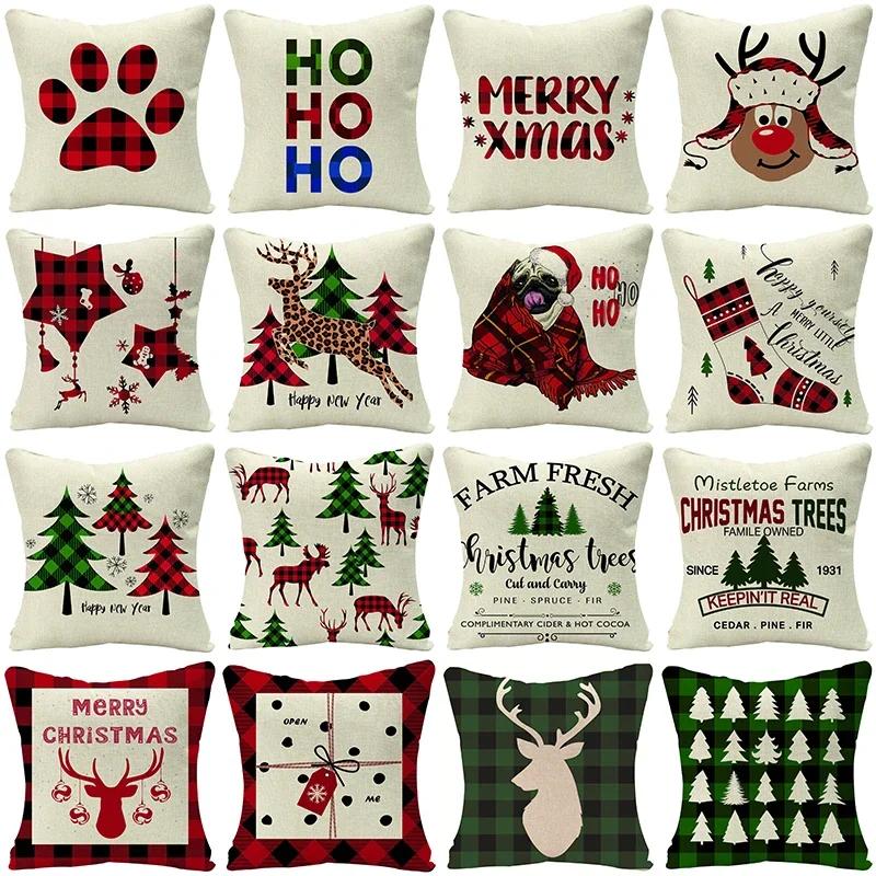 2022 Merry Christmas Home Decor Cushion Cover 45x45cm Cute Animals Cartoon Printed Throw Pillow Cover Xmas Decorative Pillowcase