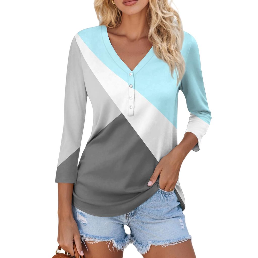 Damen Casual Mode Sexy Bequem V-Ausschnitt Knopf Streifen Patchwork Farbe Dreiviertelarm Oberteil