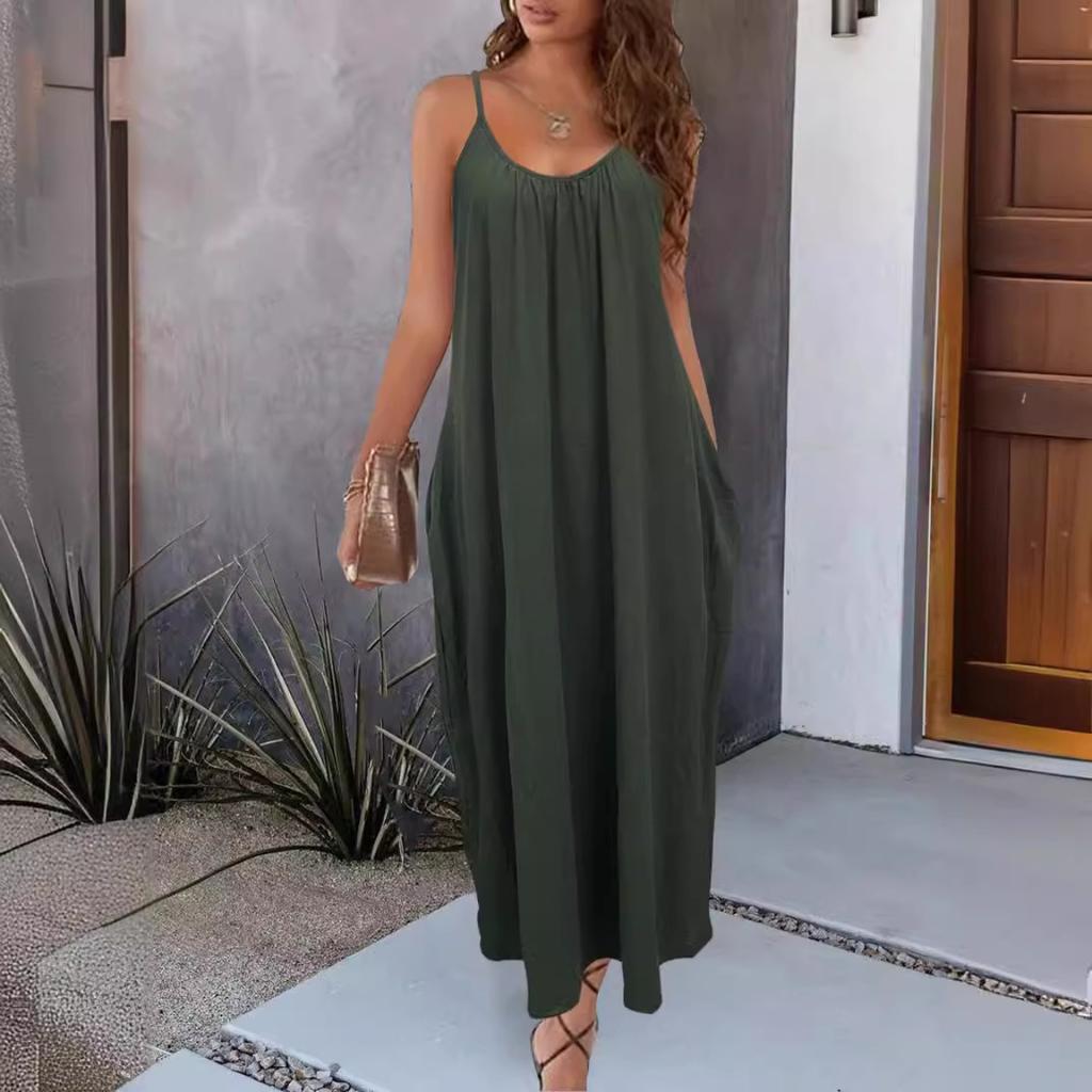 Women's Solid Color Low-cut V-neck Loose Laxy Style Sling Dress, Slimming Spring Summer Casual Dress for Foreign Trade