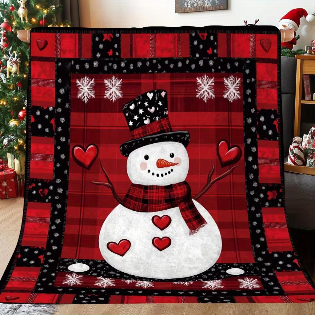 Christmas Flannel Blanket - Checkered Snowman Reindeer Design, Warm Holiday Gift for Home