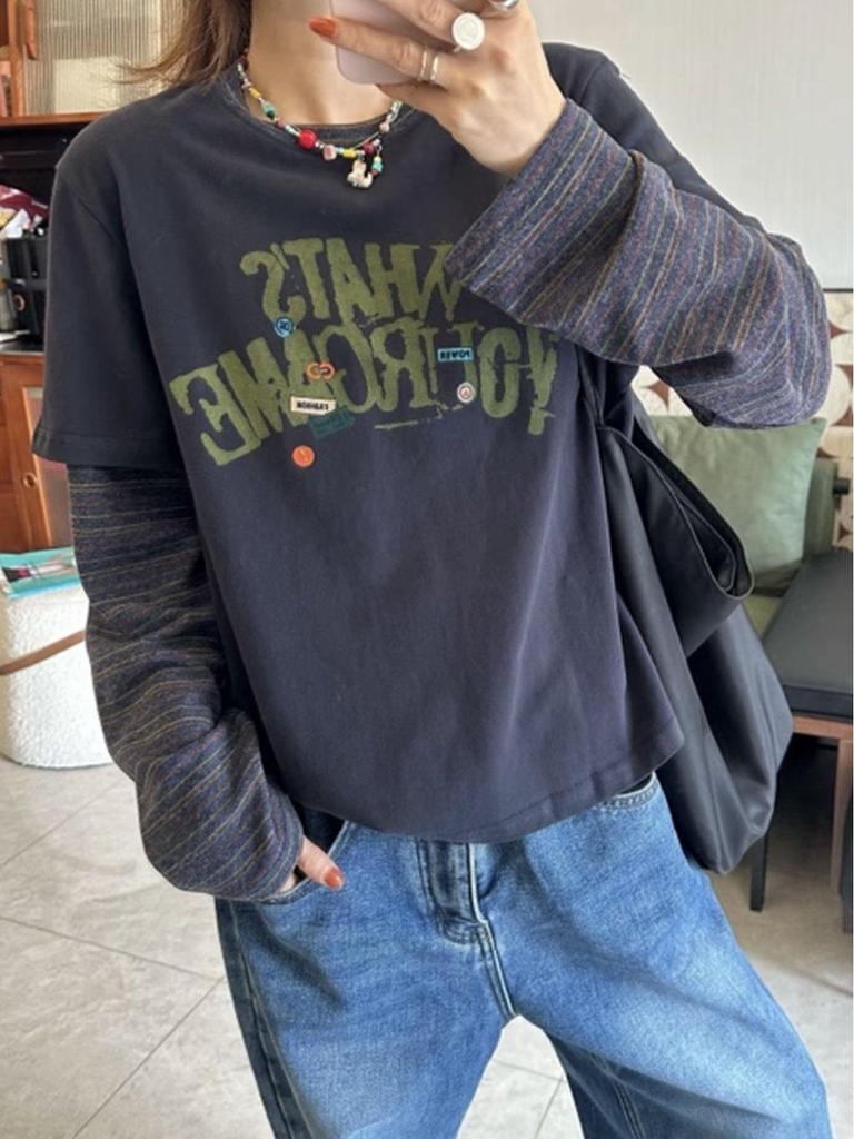 Korean Style Color Block Two-Piece Look Round Neck Long Sleeve T-Shirt for Women - Slimming, Loose Fit, Age-Reducing Spring Base Layer