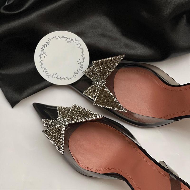 Bow Diamond Buckle Toe Sandals 2024 Summer New Sexy Leather Transparent Pointed Heel Stiletto Heels