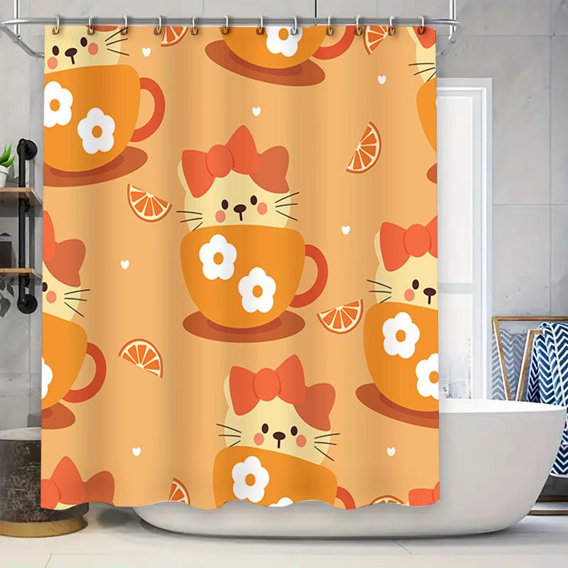 

Cute Cartoon Kitty Tea Cup Orange Shower Curtain Decor Home Bath W60H190(CM)-1 Pcs