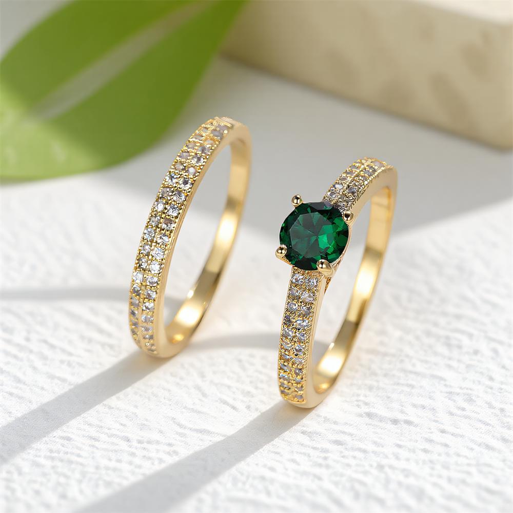 Round Stone Green Zircon Ring Sets For Women 2pcs/Set Vintage Gold Color Engagement Bands Wedding Rings Versatile Jewelry Gifts