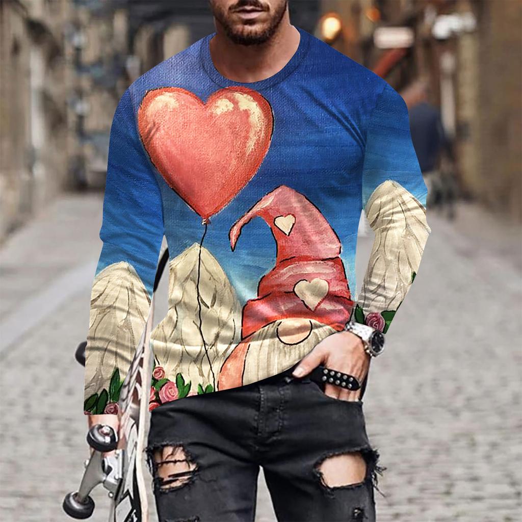 Spring and Autumn Round Neck 3D Love Printed Top Valentine's Day Themed T-shirts Fashionable Casual Long Sleeved Men's T-shirts