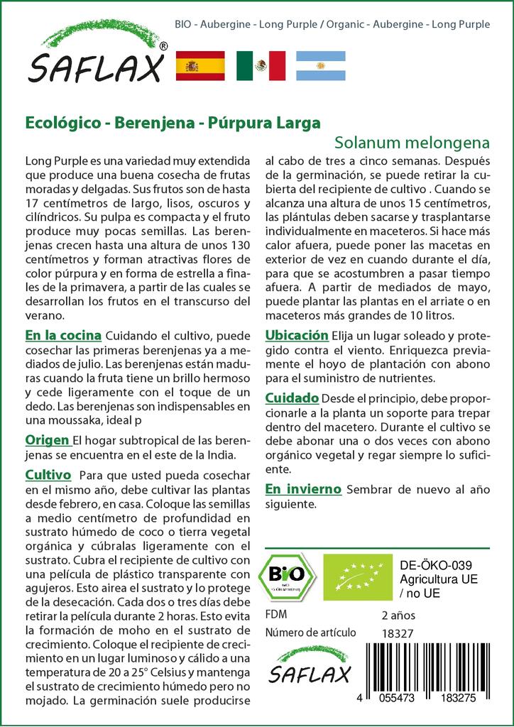 SAFLAX - Garden in the Bag - Organic - Aubergine - Long Purple - 20 seeds - With substrate in a fitting stand up bag - Solanum melongena