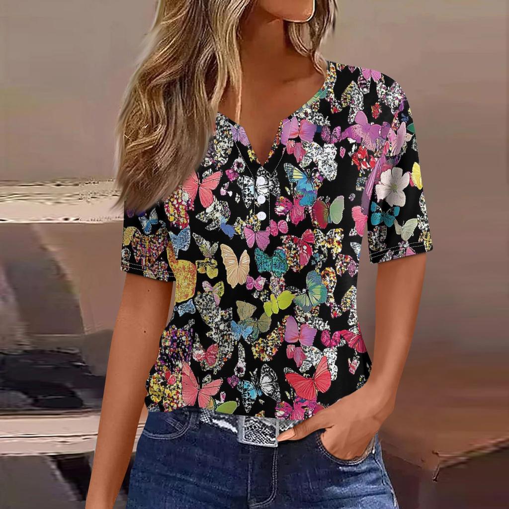 Women's T Shirt Tee Print Button Short Sleeve Daily Weekend Fashion Basic V- Neck Regular Top