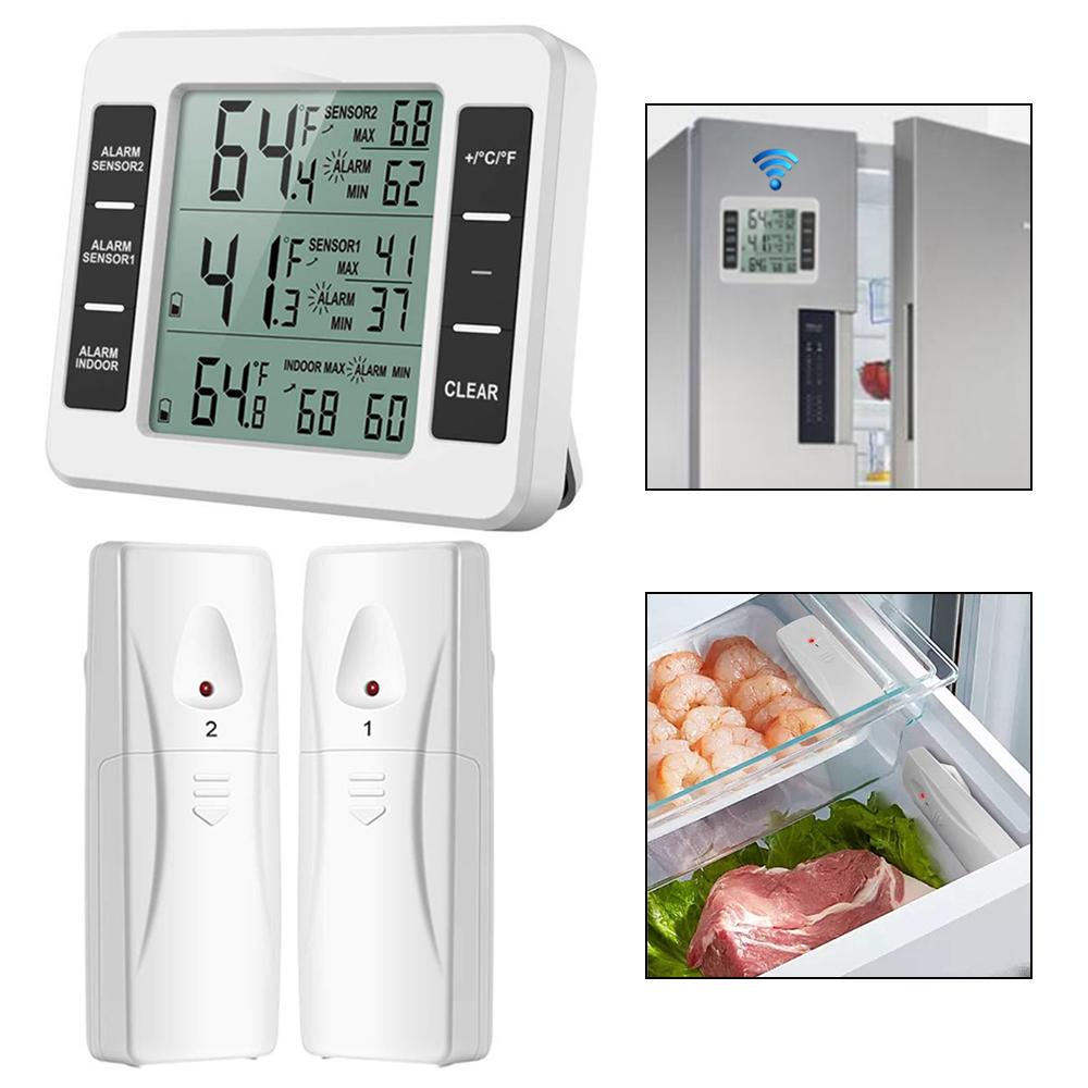With Audible Alarm Wireless Thermometer Temperature Meter +2 Sensor Indoor Outdoor Digital Display Screen for Kitchen, Freezer, Garden