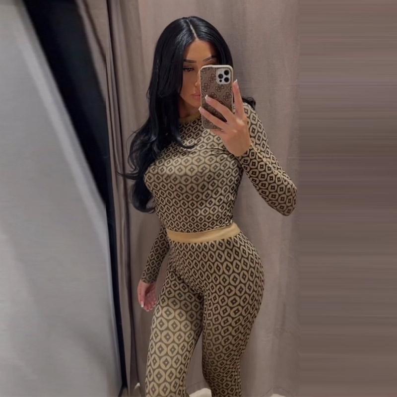 Printed Round Neck Top Pants Set Women's Sexy Hottie Long Sleeve Copper Coin Printed T-shirt Slim Casual Trousers New Fashion