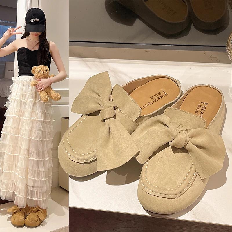 Retro Women's Slippers Bow Flat Sole Round Toe Cow Suede Women's Mules Dress Leisure Comfortable Inner Roman Zapatillas De Mujer