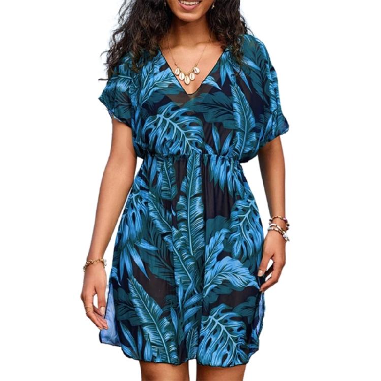 

Summer V Neck Floral Cover Up Dress Quick Drying Polyester Spandex Fabric Swimwear Casual Pool Outfit S синий