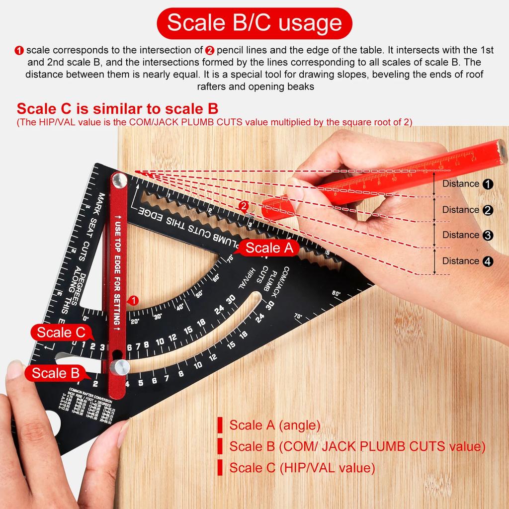 Adjustable Woodworking Triangle Ruler 7Inch Aluminium Alloy Square Protractor Precise Right Angle Measuring Ruler with 2 Pencils