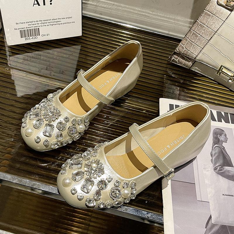 French Fairy Style Silver Bright Diamond Mary Jane Shoes Female Spring and Autumn 2025 New with Skirt Flat Heel Shoes