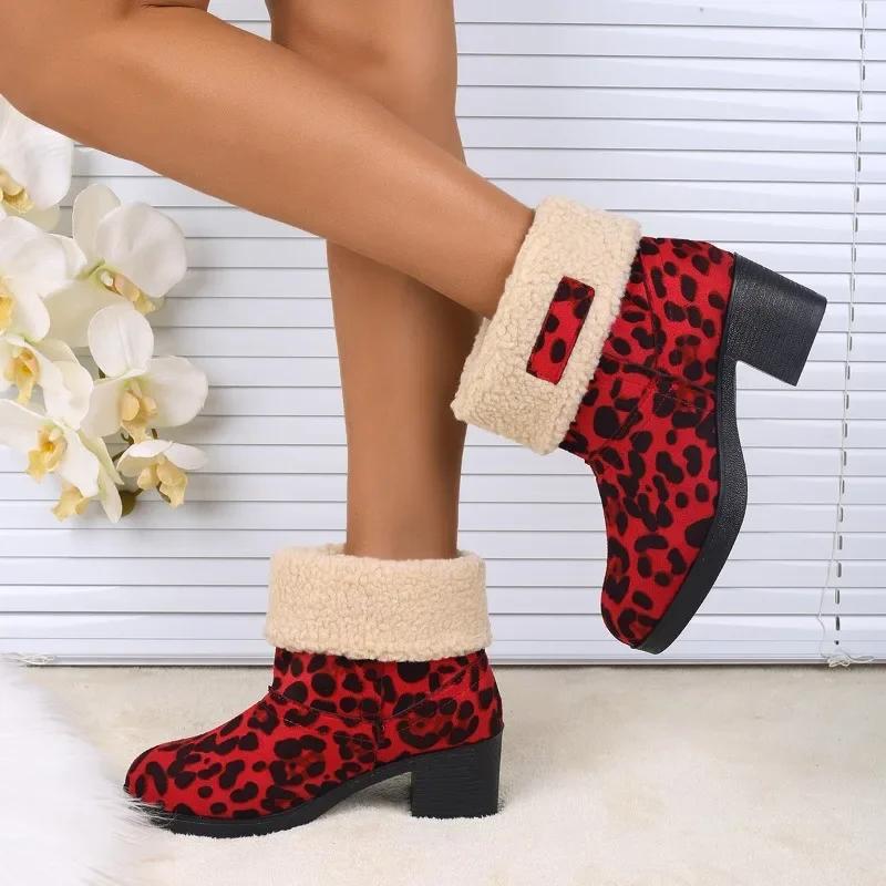 fashion Fashion 2024 Slip-on Women's Boots Hot Sale Leopard Print  Casual Boots Women Winter Plus Size Turned-over Edge Mid-Calf Boots