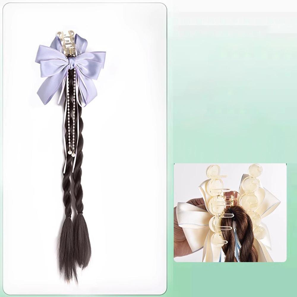 Female Synthetic Wig Lace Flower Bow Tie Tassel Grabbed Clip Wig Natural Fake Twist Ponytail Creative Gentle Versatile Hairstyle