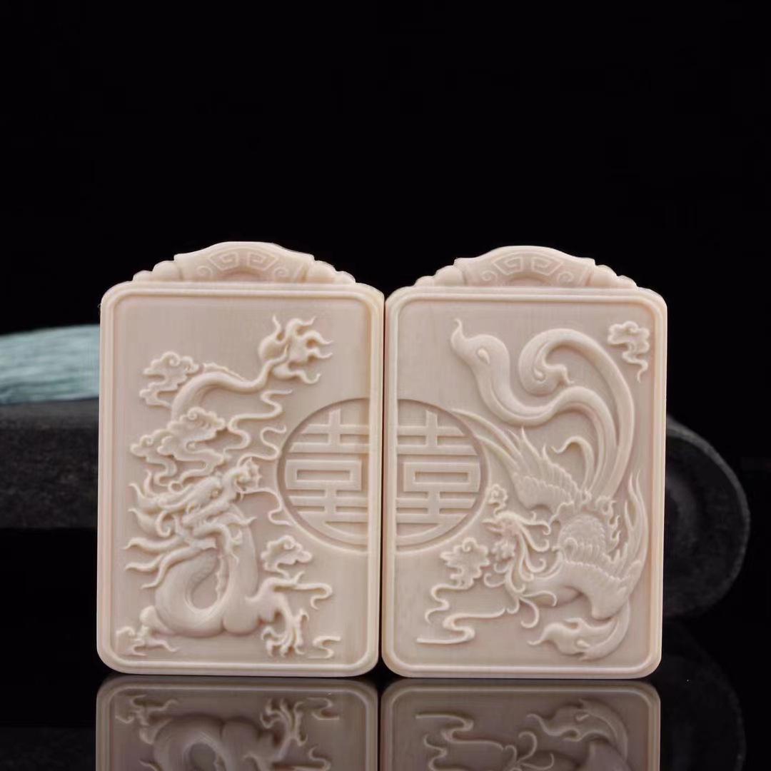 

Ivory Dragon & Phoenix Plaque Pendant Necklace - Sweater Chain Couple Gift Natural