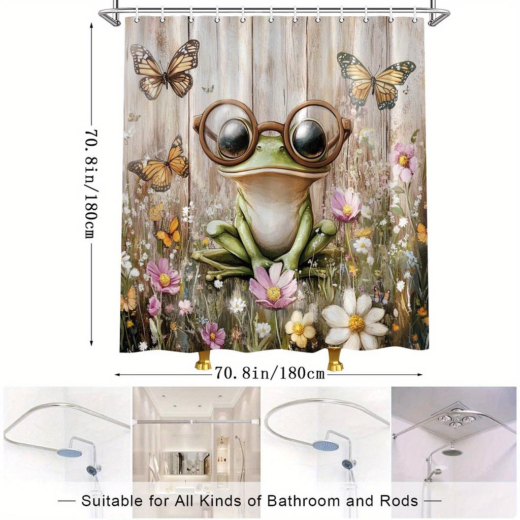 Fairy Tale Frog Shower Curtain - Vibrant Flowers, Butterflies, Rustic Backdrop, Soft Painterly Style, Water-Resistant Polyester