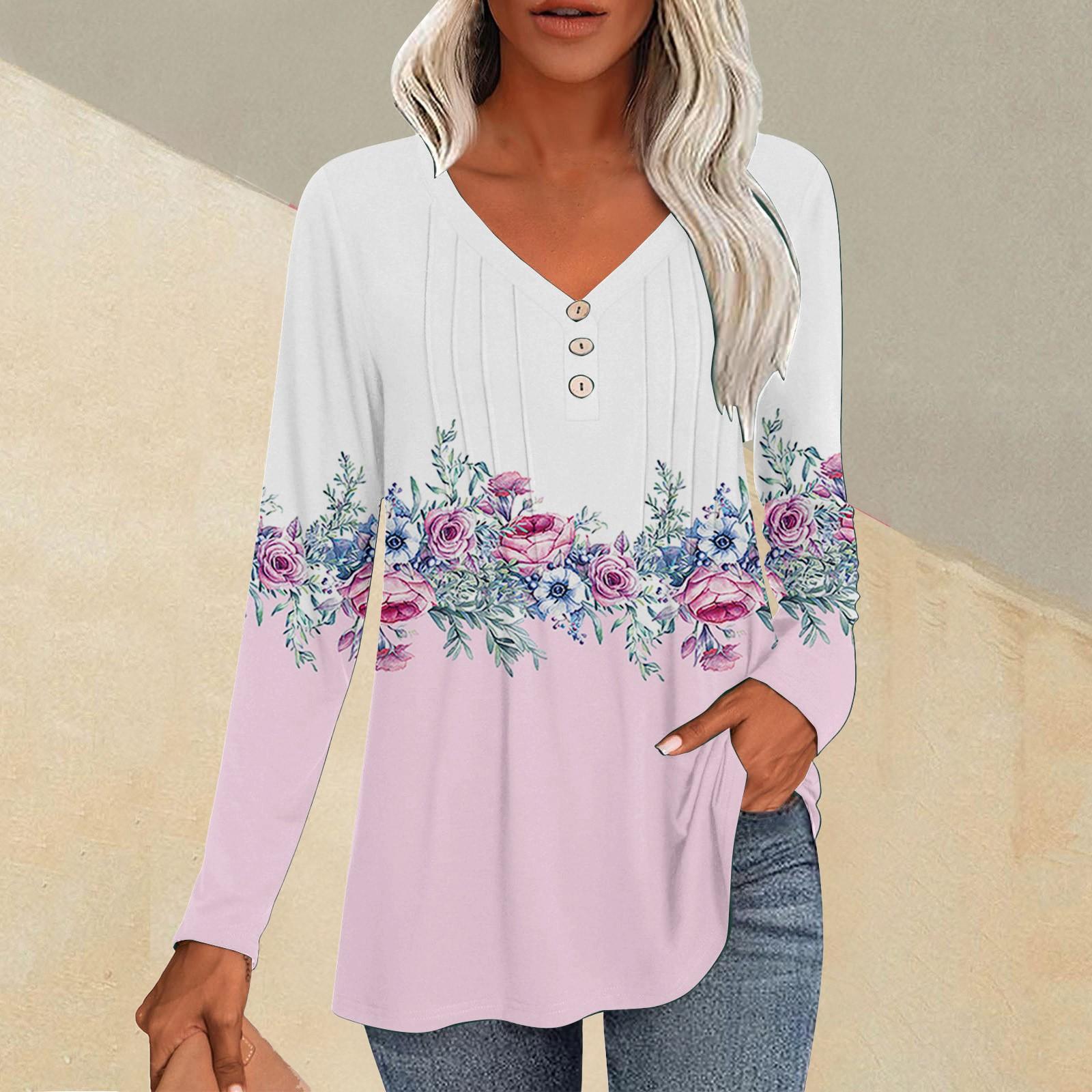 

Модные топы, повседневная плиссированная футболка с V-образным вырезом и растительным принтом, длинный рукав S