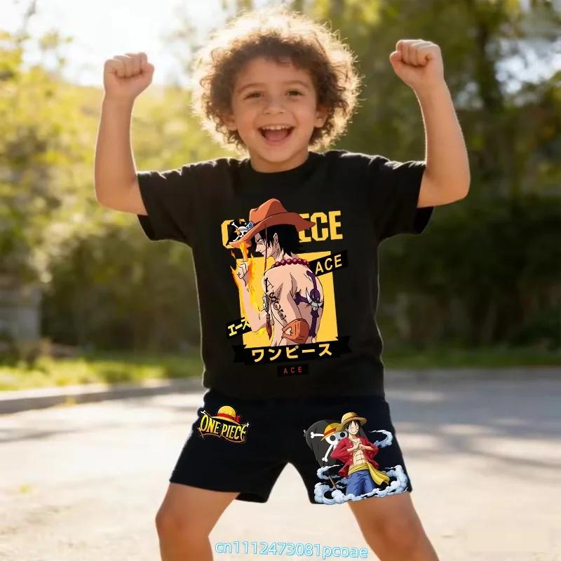 Children's Polyester Short-sleeved Shorts Set with "One Piece" Cartoon Print Boy's Sports Shirt for Summer T-shirt Set of 2 Pieces