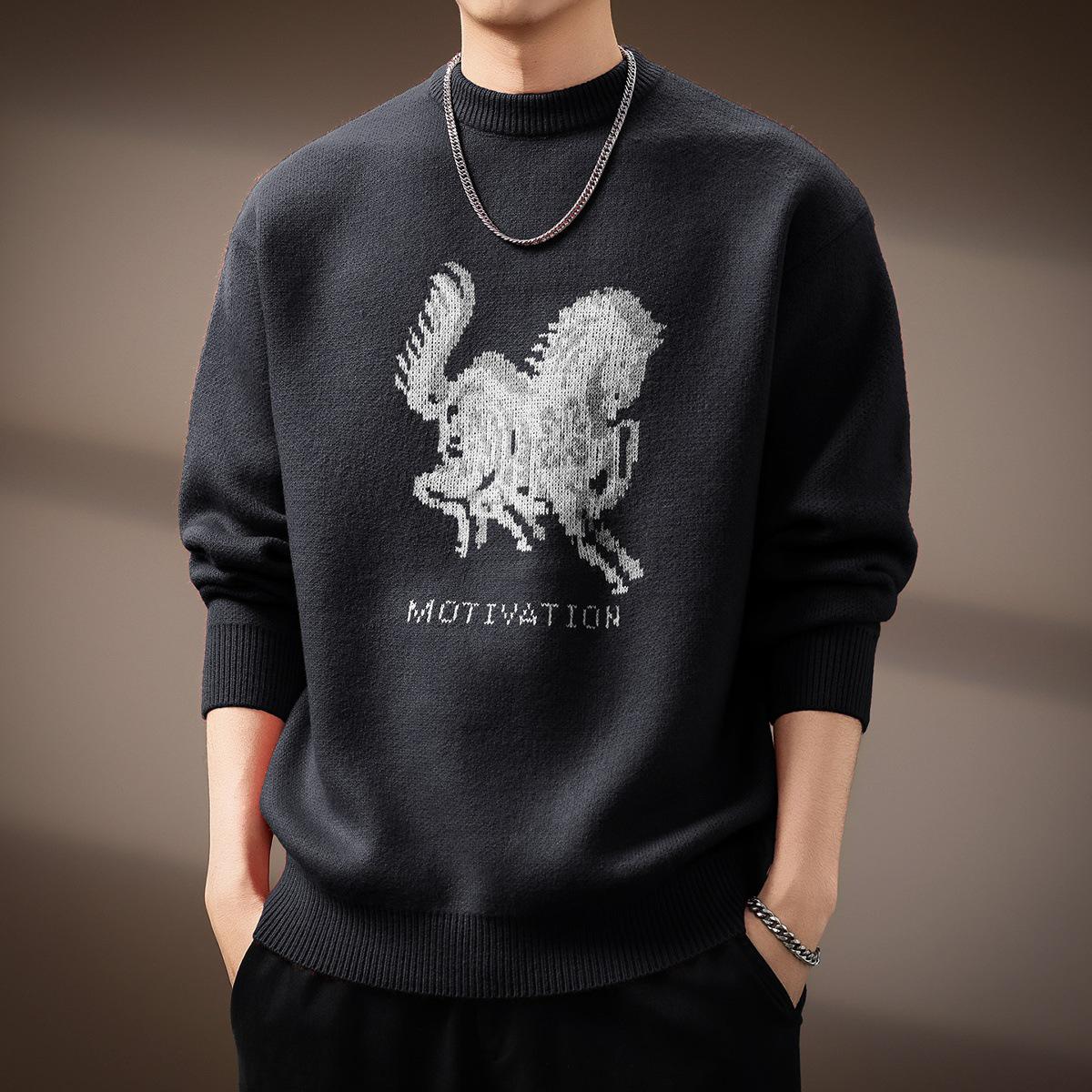 

Men s Zodiac Year Horse Print Retro Knit Sweater XL for 70-80 kg
