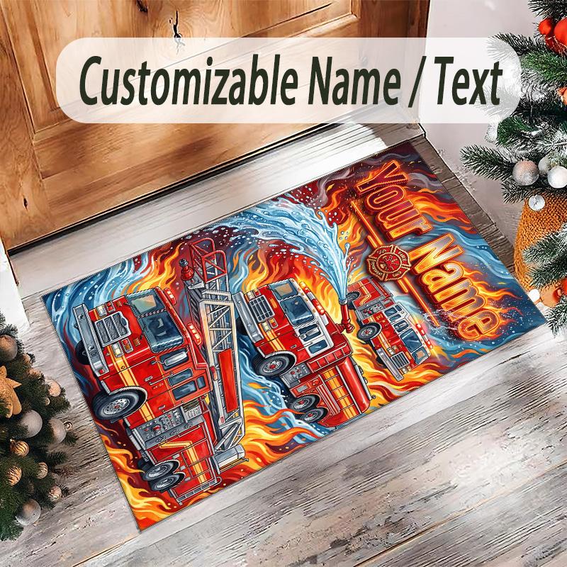 Fire Truck Theme Crystal Velvet Rug Personalized Custom Name Text Soft Floor Mat Home Decor
